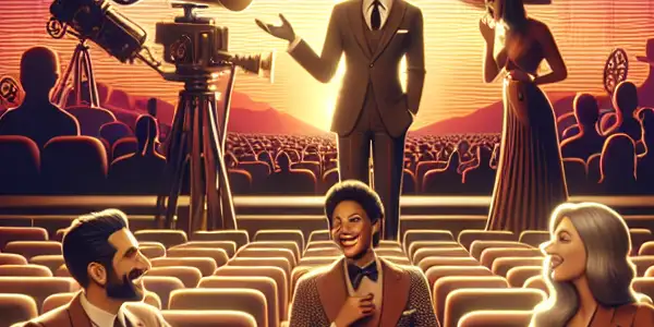 A cozy cinema scene with three adults discussing an abstract film, featuring warm lighting and elegant decor.