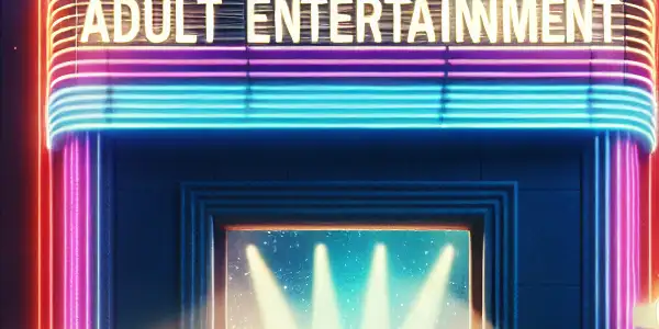 A vibrant neon-lit film studio showcasing adult film posters and actors preparing for a scene.