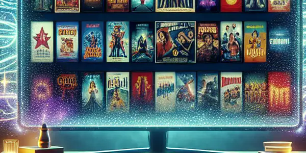 A cozy home entertainment setup featuring a modern computer screen displaying diverse movie and TV show posters.