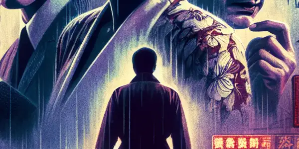 Cinematic poster featuring three characters in emotional conflict against a moody 1980s Hong Kong urban backdrop.