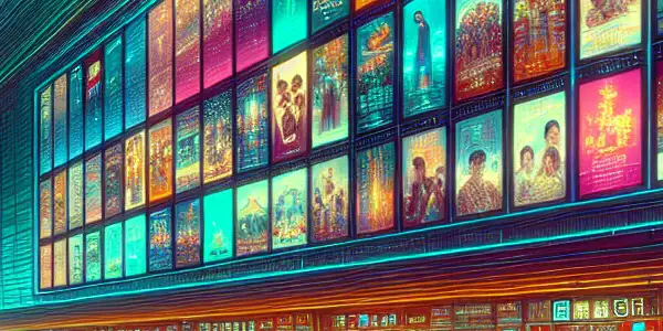 A bustling modern movie theater in Beijing with diverse moviegoers, illuminated billboards, and a timeline mural celebrating Wanda Film's history.
